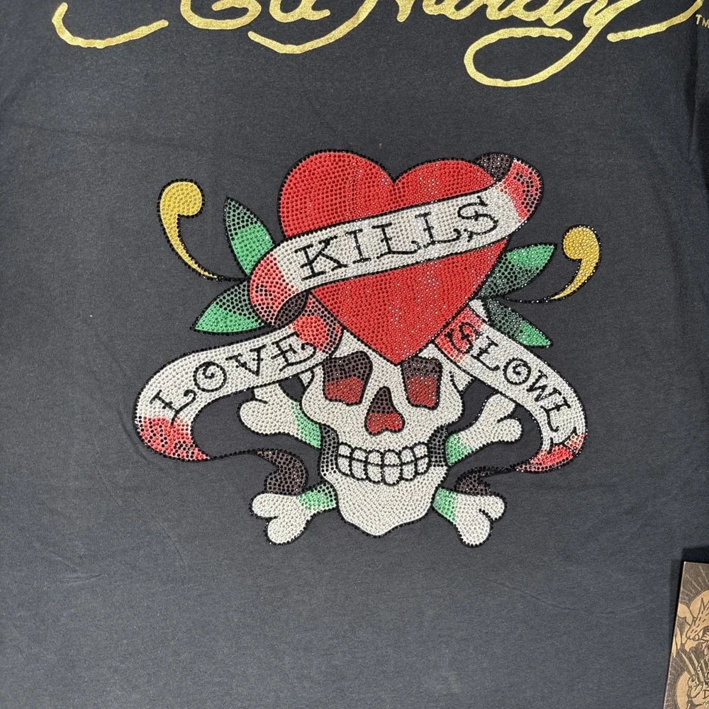Ed Hardy Love Kills Slowly Long Sleeve Shirt Black Rhinestone Skull XL‎ NWT